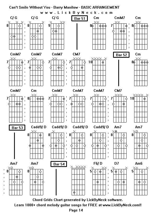 Chord Grids Chart of chord melody fingerstyle guitar song-Can't Smile Without You - Barry Manilow - BASIC ARRANGEMENT,generated by LickByNeck software.